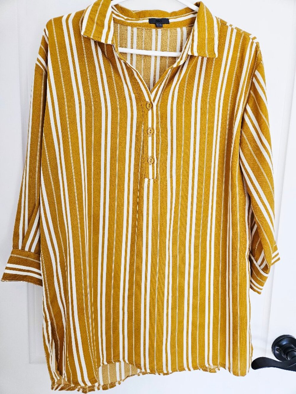 Mustard Yellow And White Striped Women's Blouse 3/4 Sleeves Size M